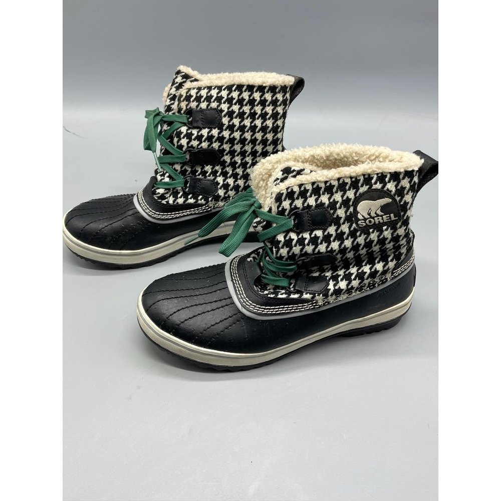 Sorel Women's Black & White Houndstooth Winter Rain Boots with Green Laces